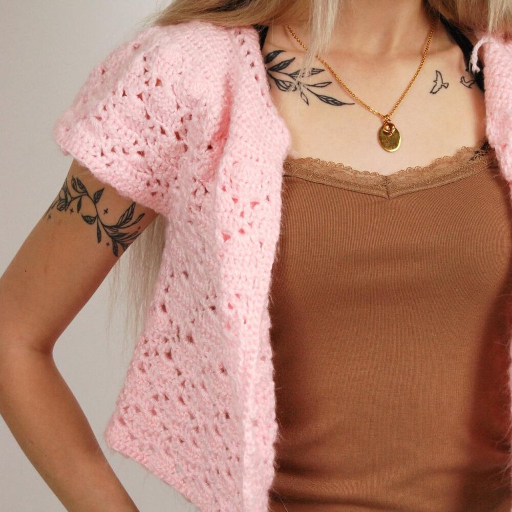 Vintage Crochet Cardigan (XS-M) baby pink open top - Picture 8 of 8